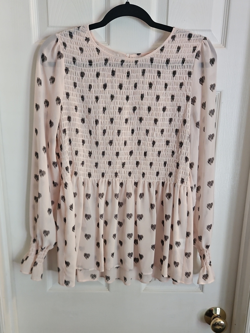 Smocked Babydoll Blouse in Light Blush with Heart Print XL Sheer